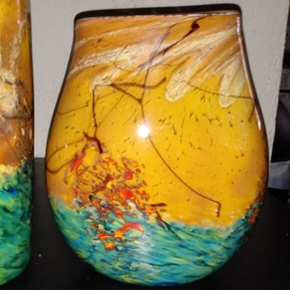JOHN FIELDS 'SEDONA' Signed 2001 Colorful Hand Blown Studio Art Glass Pouch Vase - Picture 2 of 10